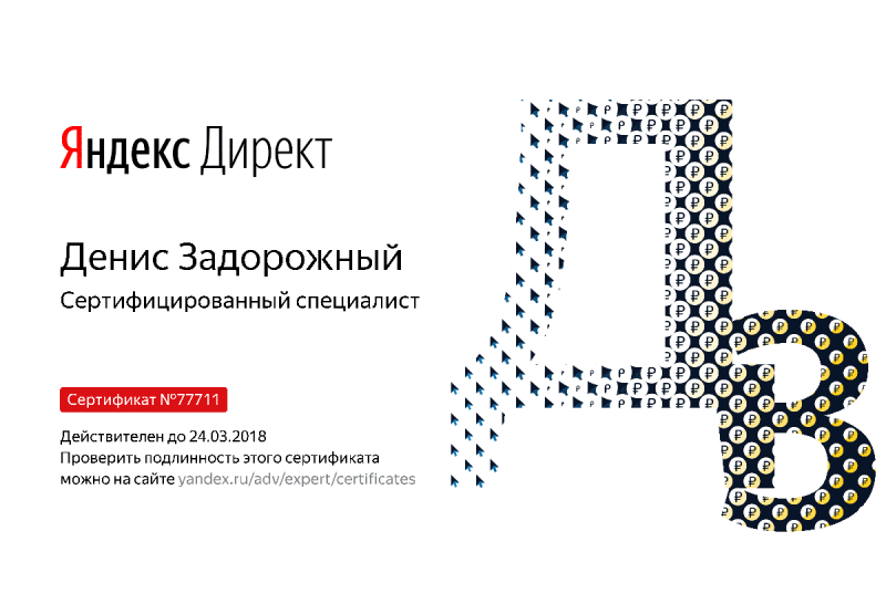 Сертификат специалиста Яндекс. Директ - Задорожный Д. в Петропавловска-Камчатского